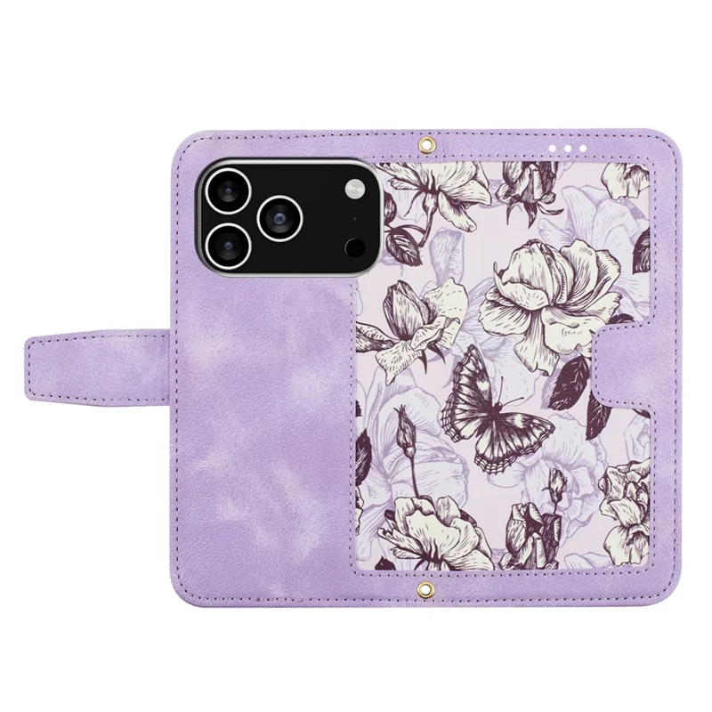 For iPhone 17 Pro Case PU Leather Floral Phone Cover with Card Slots / Wrist Strap - Light Purple