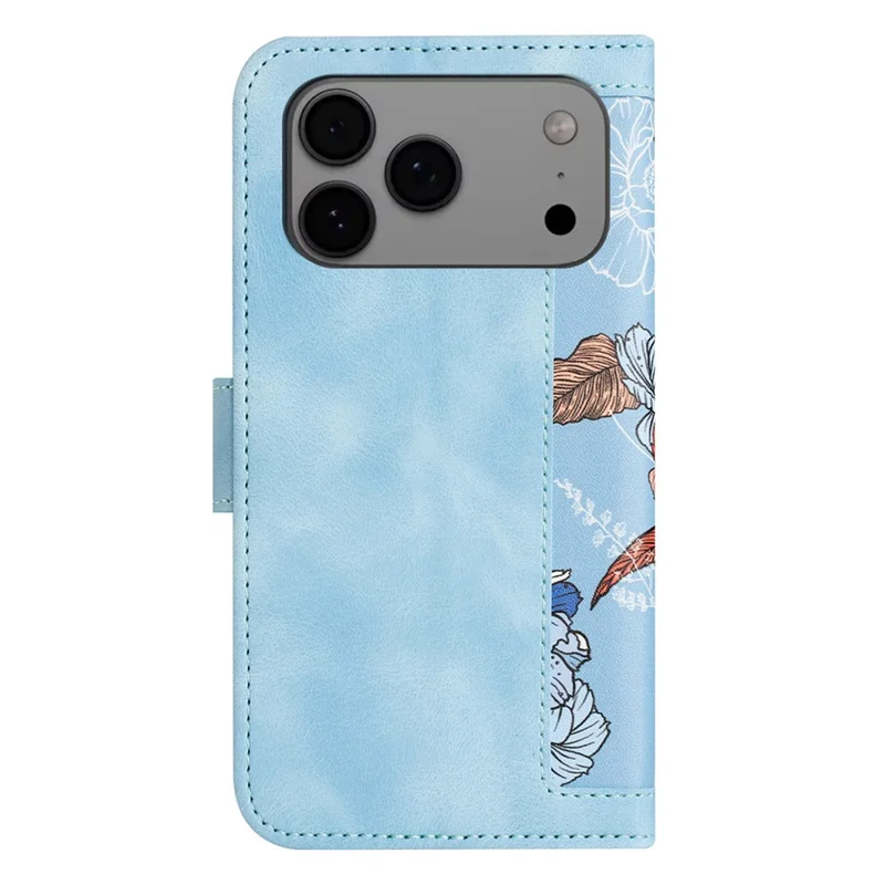 For iPhone 17 Pro Max Case PU Leather Floral Phone Cover with Card Slots / Wrist Strap - Baby Blue