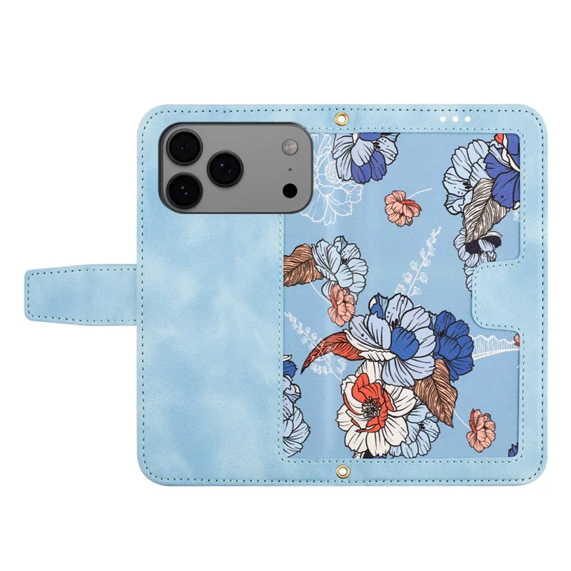For iPhone 17 Pro Max Case PU Leather Floral Phone Cover with Card Slots / Wrist Strap - Baby Blue
