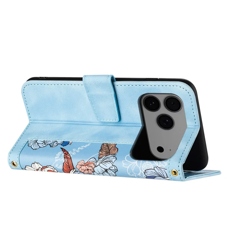 For iPhone 17 Pro Max Case PU Leather Floral Phone Cover with Card Slots / Wrist Strap - Baby Blue