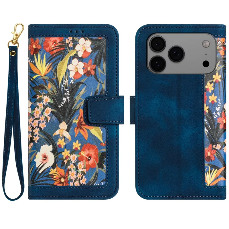 For iPhone 17 Pro Max Case PU Leather Floral Phone Cover with Card Slots / Wrist Strap - Dark Blue