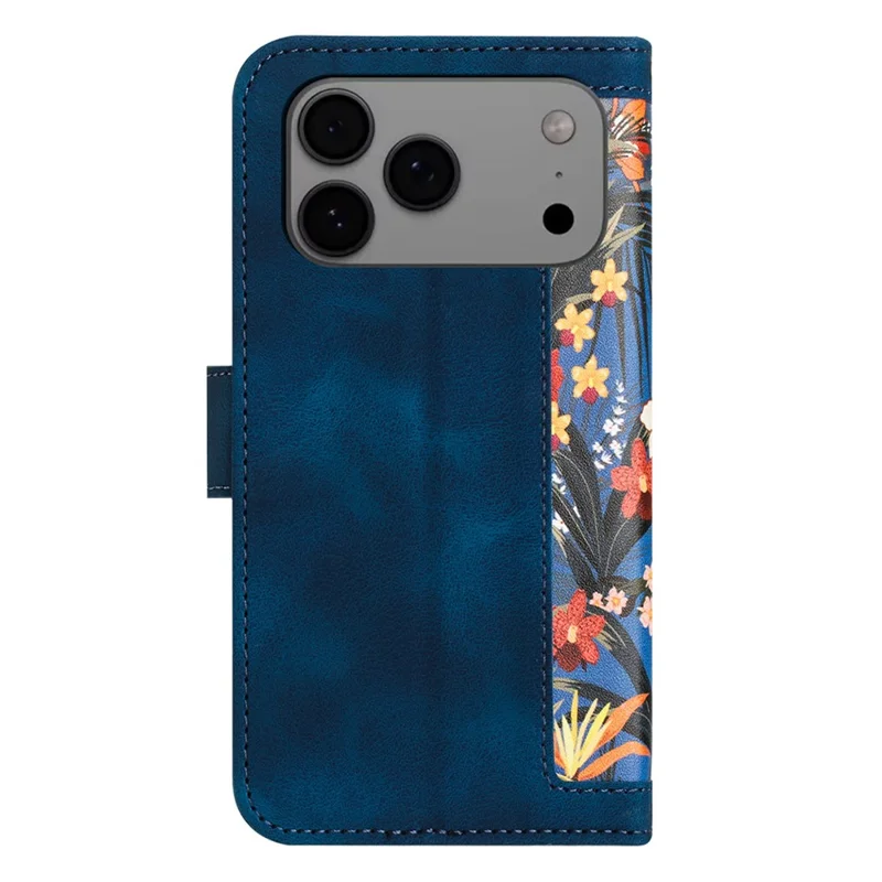 For iPhone 17 Pro Max Case PU Leather Floral Phone Cover with Card Slots / Wrist Strap - Dark Blue