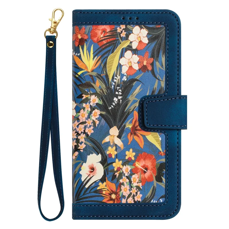 For iPhone 17 Pro Max Case PU Leather Floral Phone Cover with Card Slots / Wrist Strap - Dark Blue