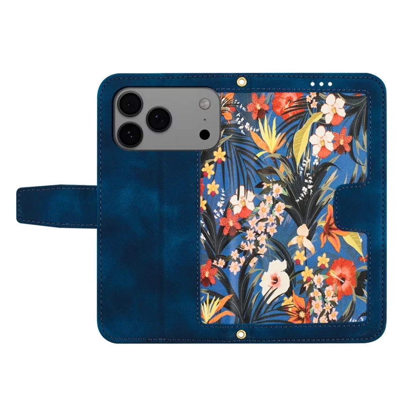 For iPhone 17 Pro Max Case PU Leather Floral Phone Cover with Card Slots / Wrist Strap - Dark Blue