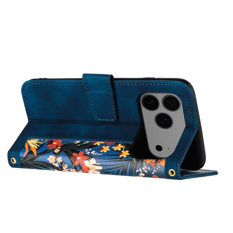 For iPhone 17 Pro Max Case PU Leather Floral Phone Cover with Card Slots / Wrist Strap - Dark Blue