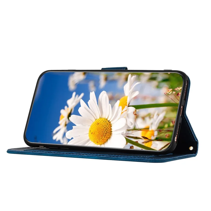 For iPhone 17 Pro Max Case PU Leather Floral Phone Cover with Card Slots / Wrist Strap - Dark Blue