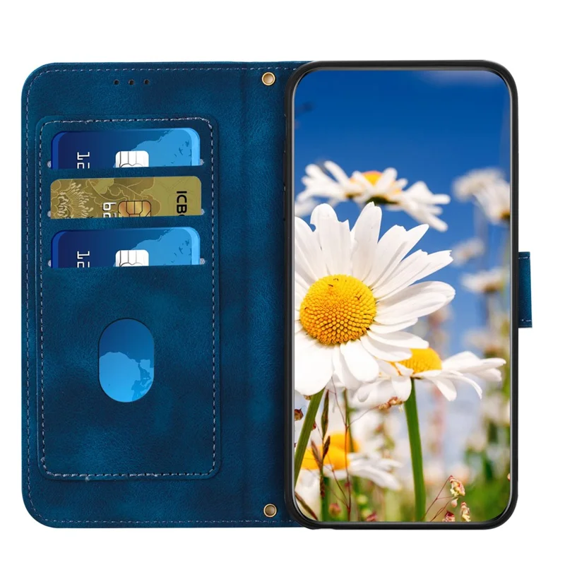 For iPhone 17 Pro Max Case PU Leather Floral Phone Cover with Card Slots / Wrist Strap - Dark Blue