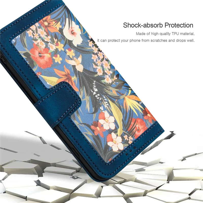 For iPhone 17 Pro Max Case PU Leather Floral Phone Cover with Card Slots / Wrist Strap - Dark Blue