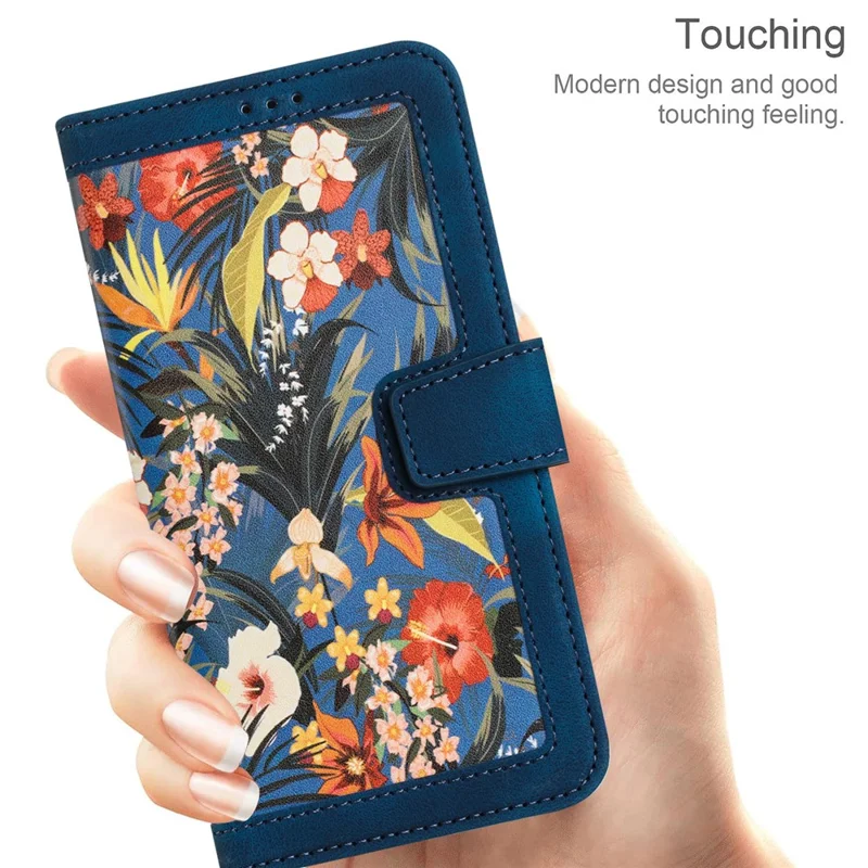 For iPhone 17 Pro Max Case PU Leather Floral Phone Cover with Card Slots / Wrist Strap - Dark Blue