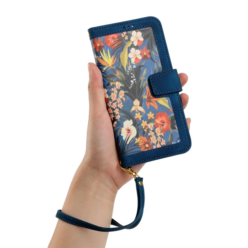 For iPhone 17 Pro Max Case PU Leather Floral Phone Cover with Card Slots / Wrist Strap - Dark Blue