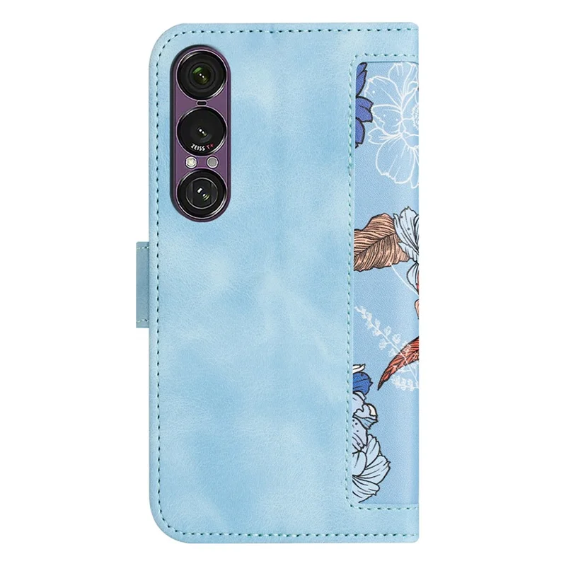 For Sony Xperia 1 VII Case PU Leather Floral Phone Cover with Card Slots / Wrist Strap - Baby Blue