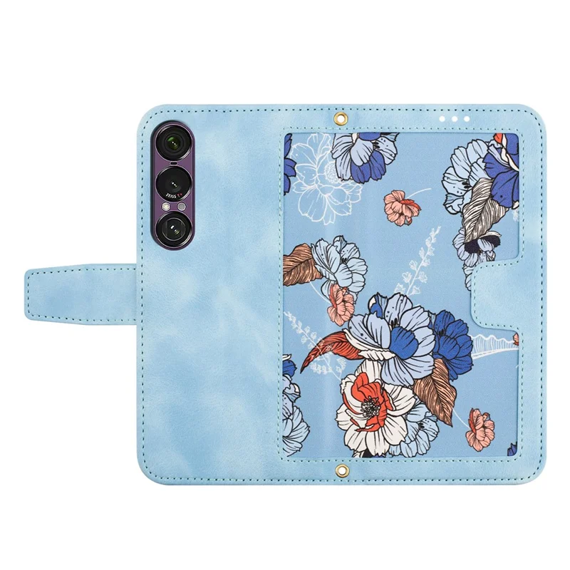 For Sony Xperia 1 VII Case PU Leather Floral Phone Cover with Card Slots / Wrist Strap - Baby Blue