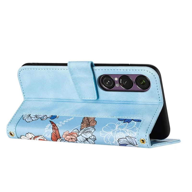 For Sony Xperia 1 VII Case PU Leather Floral Phone Cover with Card Slots / Wrist Strap - Baby Blue