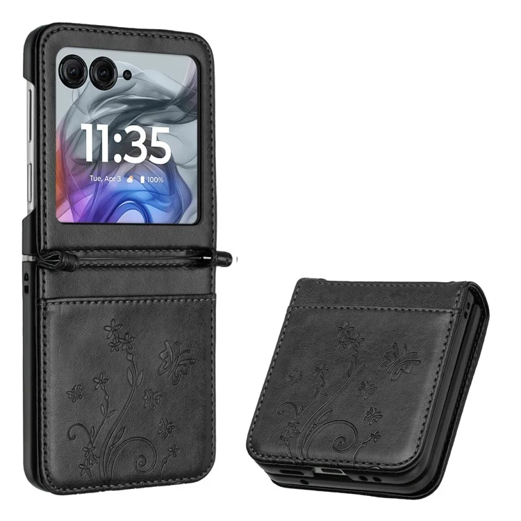 For Motorola Razr 60 / 50 5G Leather Case Butterfly Flower Imprinted Phone Cover with Strap - Black