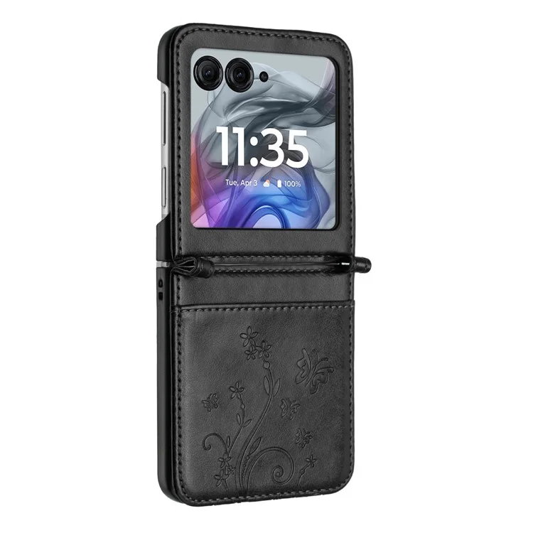 For Motorola Razr 60 / 50 5G Leather Case Butterfly Flower Imprinted Phone Cover with Strap - Black