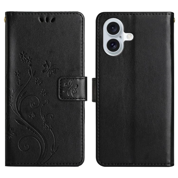 For iPhone 17 Leather Wallet Case Butterfly Flower Imprinted Phone Cover with Strap - Black