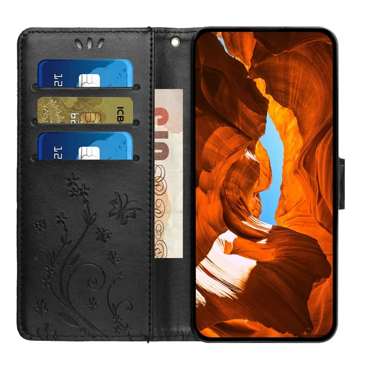 For iPhone 17 Leather Wallet Case Butterfly Flower Imprinted Phone Cover with Strap - Black