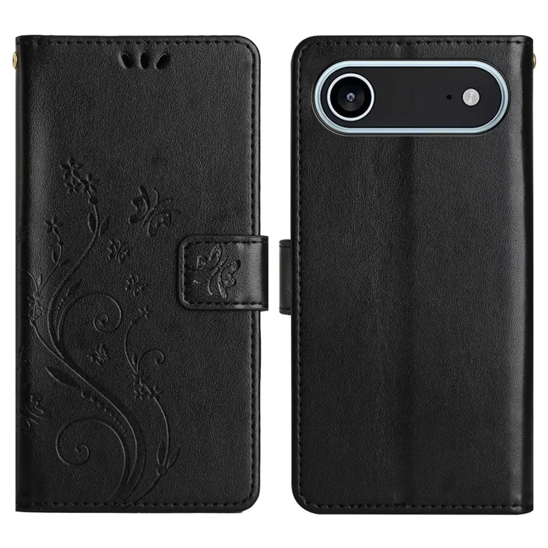 For iPhone 17 Air Leather Wallet Case Butterfly Flower Imprinted Phone Cover with Strap - Black