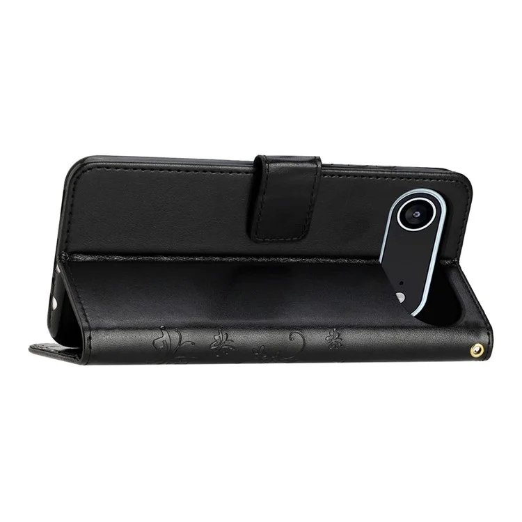 For iPhone 17 Air Leather Wallet Case Butterfly Flower Imprinted Phone Cover with Strap - Black