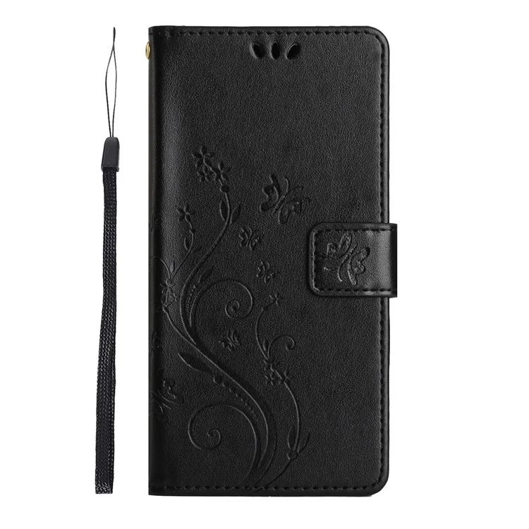 For iPhone 17 Air Leather Wallet Case Butterfly Flower Imprinted Phone Cover with Strap - Black