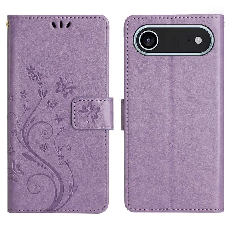 For iPhone 17 Air Leather Wallet Case Butterfly Flower Imprinted Phone Cover with Strap - Light Purple