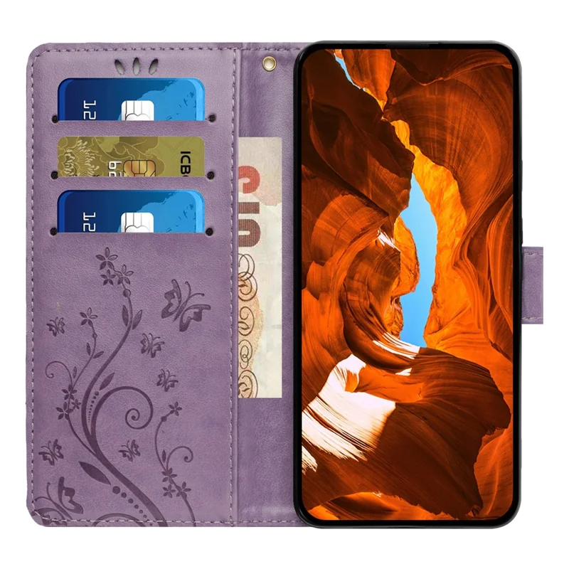 For iPhone 17 Air Leather Wallet Case Butterfly Flower Imprinted Phone Cover with Strap - Light Purple