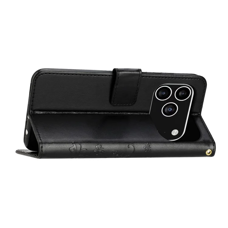For iPhone 17 Pro Leather Wallet Case Butterfly Flower Imprinted Phone Cover with Strap - Black
