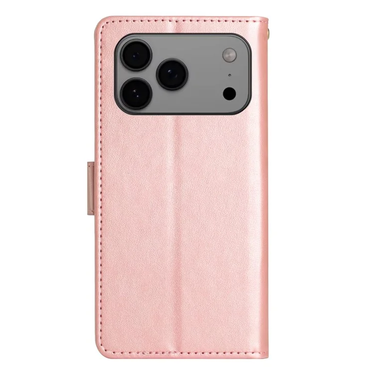 For iPhone 17 Pro Max Leather Wallet Case Butterfly Flower Imprinted Phone Cover with Strap - Rose Gold