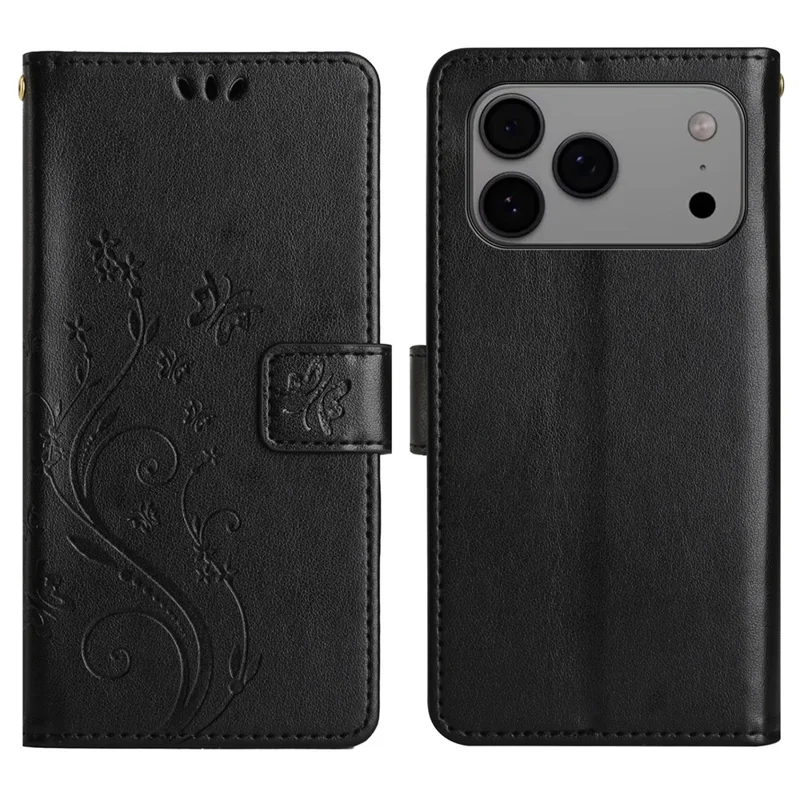 For iPhone 17 Pro Max Leather Wallet Case Butterfly Flower Imprinted Phone Cover with Strap - Black