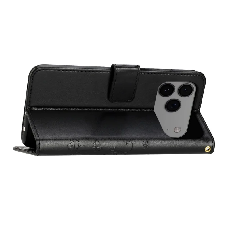 For iPhone 17 Pro Max Leather Wallet Case Butterfly Flower Imprinted Phone Cover with Strap - Black