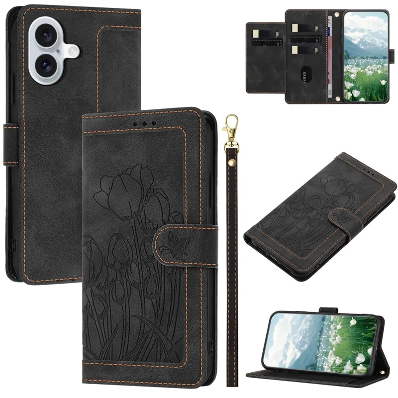 For iPhone 17 Case Tulip Leather Phone Cover with 5 Card Slots Wallet - Black