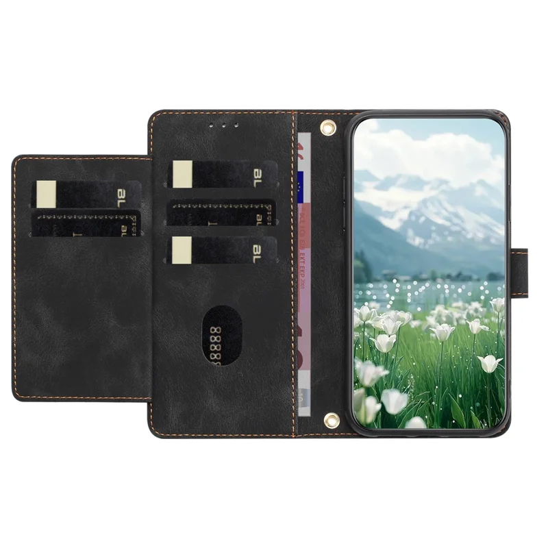 For iPhone 17 Case Tulip Leather Phone Cover with 5 Card Slots Wallet - Black
