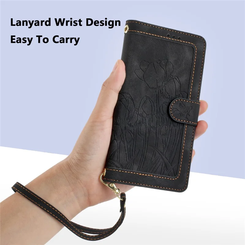 For iPhone 17 Case Tulip Leather Phone Cover with 5 Card Slots Wallet - Black