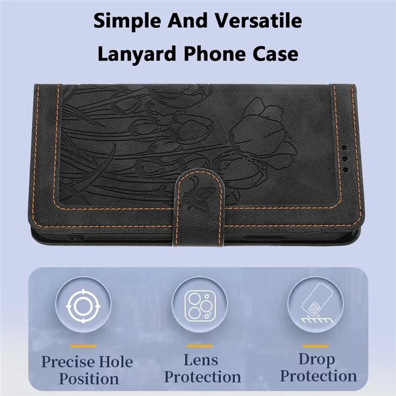 For iPhone 17 Case Tulip Leather Phone Cover with 5 Card Slots Wallet - Black