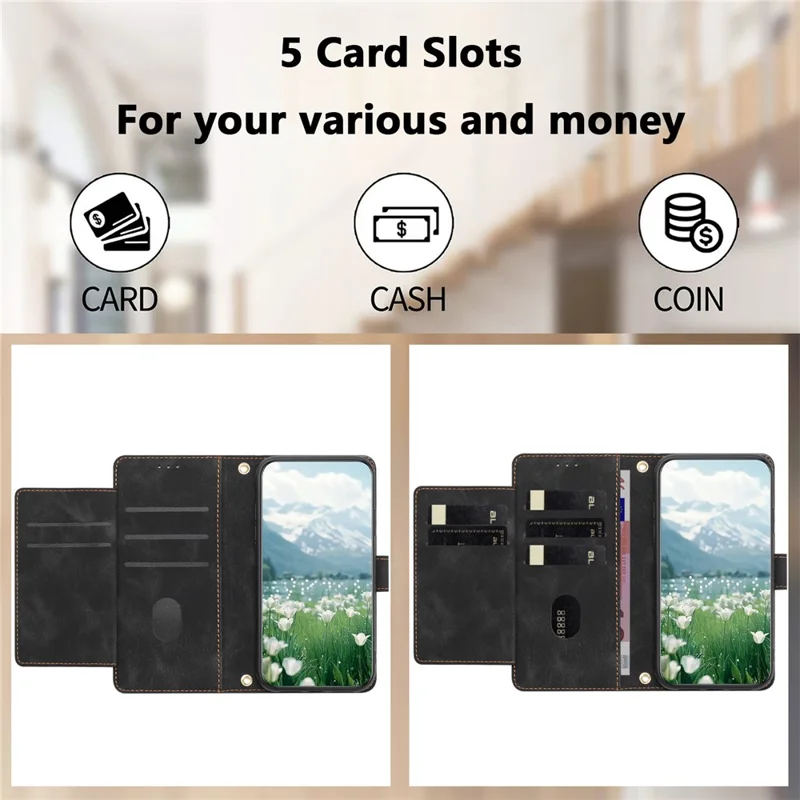 For iPhone 17 Case Tulip Leather Phone Cover with 5 Card Slots Wallet - Black
