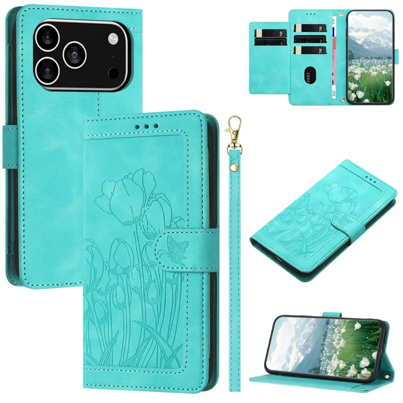 Für iPhone 17 Pro Hülle Tulpe Leder Handyhülle mit 5 Kartenfächern Brieftasche - Grün