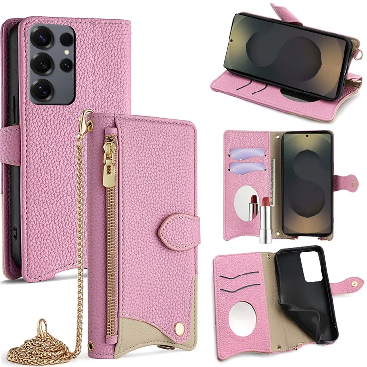 For Samsung Galaxy S25 Ultra Wallet Case Fishtail Design Leather Phone Cover with Mirror / Stand /  Strap - Pink
