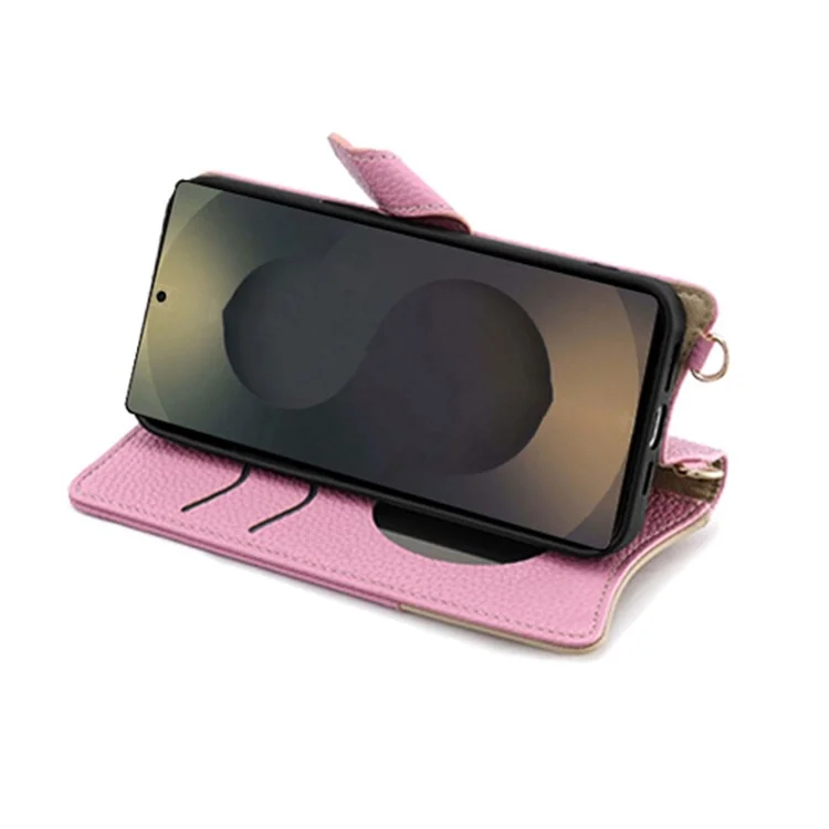 For Samsung Galaxy S25 Ultra Wallet Case Fishtail Design Leather Phone Cover with Mirror / Stand /  Strap - Pink