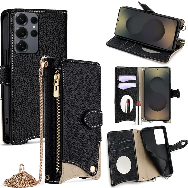 For Samsung Galaxy S25 Ultra Wallet Case Fishtail Design Leather Phone Cover with Mirror / Stand /  Strap - Black