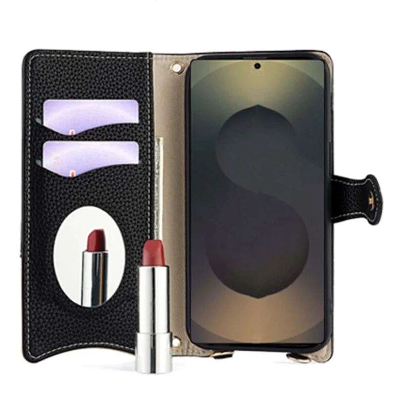 For Samsung Galaxy S25 Ultra Wallet Case Fishtail Design Leather Phone Cover with Mirror / Stand /  Strap - Black
