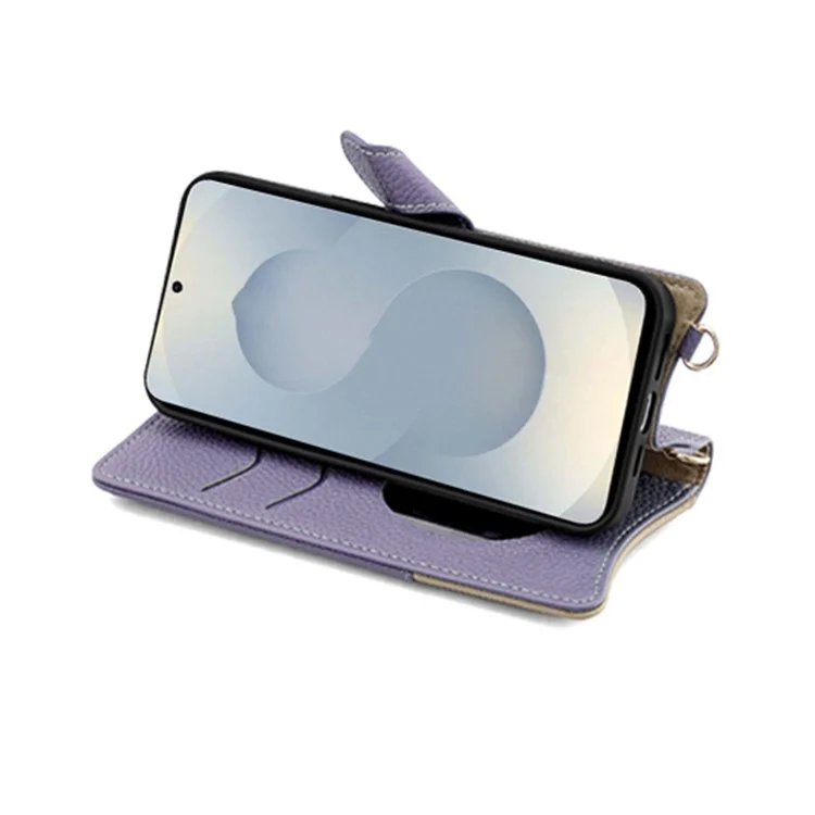 For Samsung Galaxy S25+ Wallet Case Fishtail Design Leather Phone Cover with Mirror / Stand / Strap - Purple