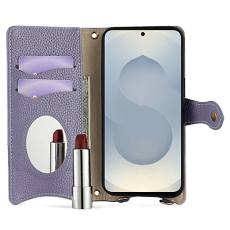 For Samsung Galaxy S25+ Wallet Case Fishtail Design Leather Phone Cover with Mirror / Stand / Strap - Purple