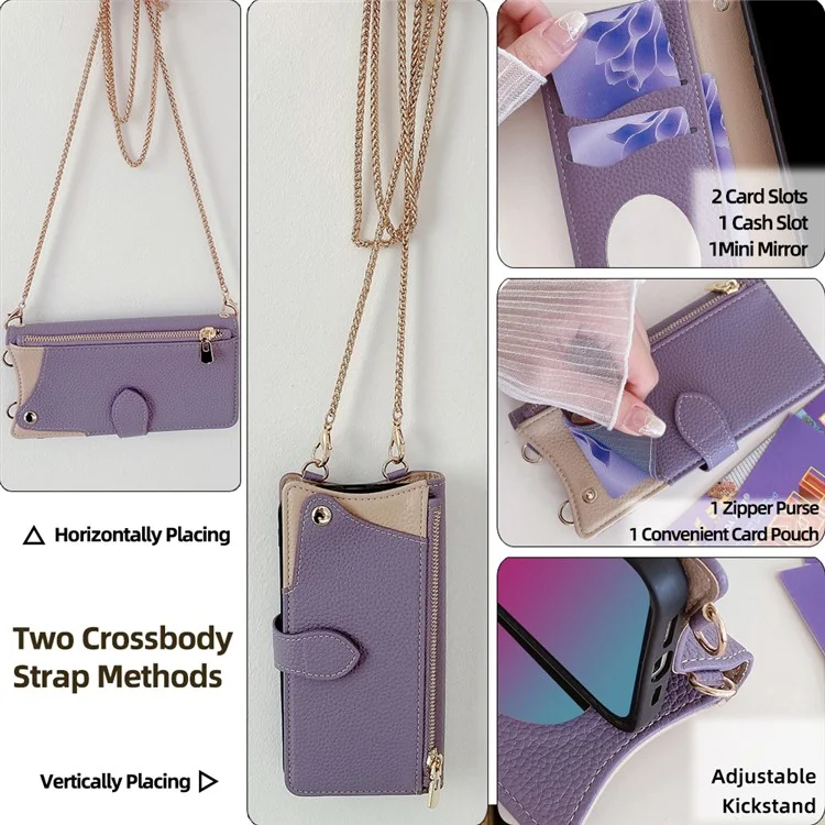 For Samsung Galaxy S25+ Wallet Case Fishtail Design Leather Phone Cover with Mirror / Stand / Strap - Purple