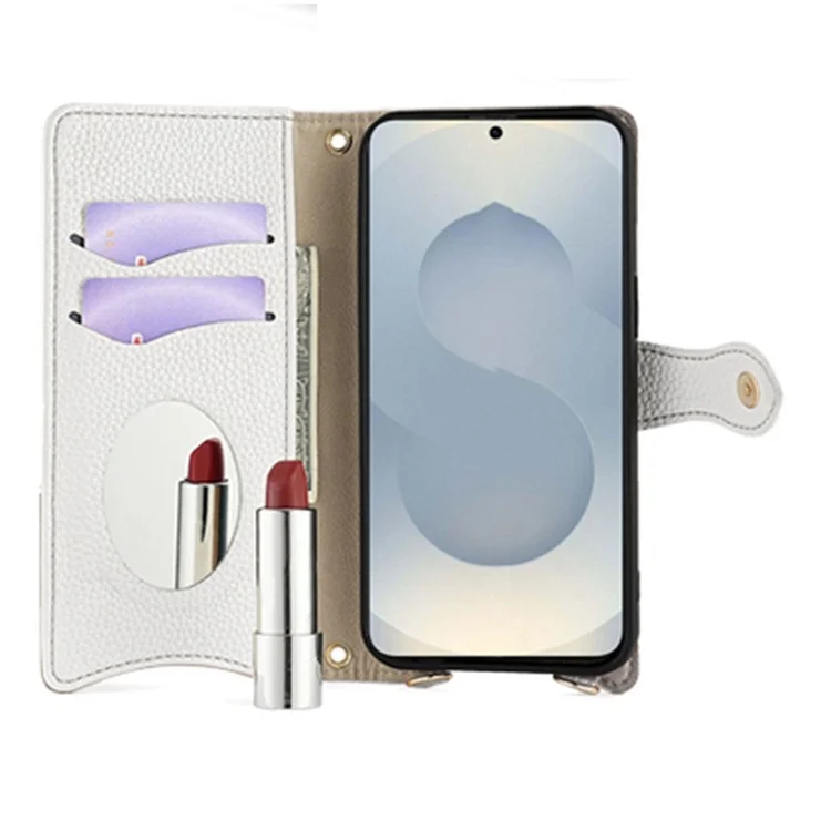 For Samsung Galaxy S25 Wallet Case Fishtail Design Leather Phone Cover with Mirror / Stand / Strap - White