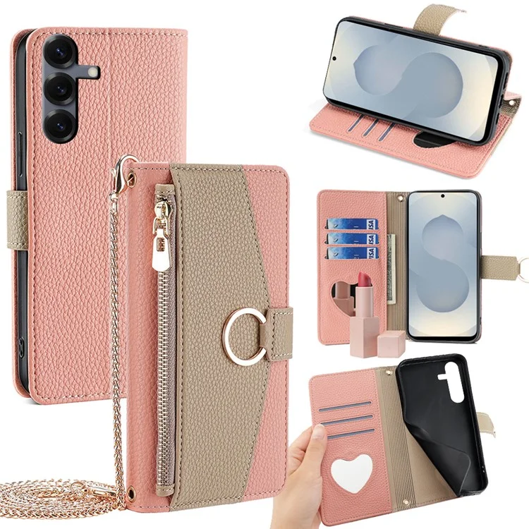 For Samsung Galaxy S25+ Case Mirror Wallet Leather Phone Cover with Chain Shoulder Strap - Pink