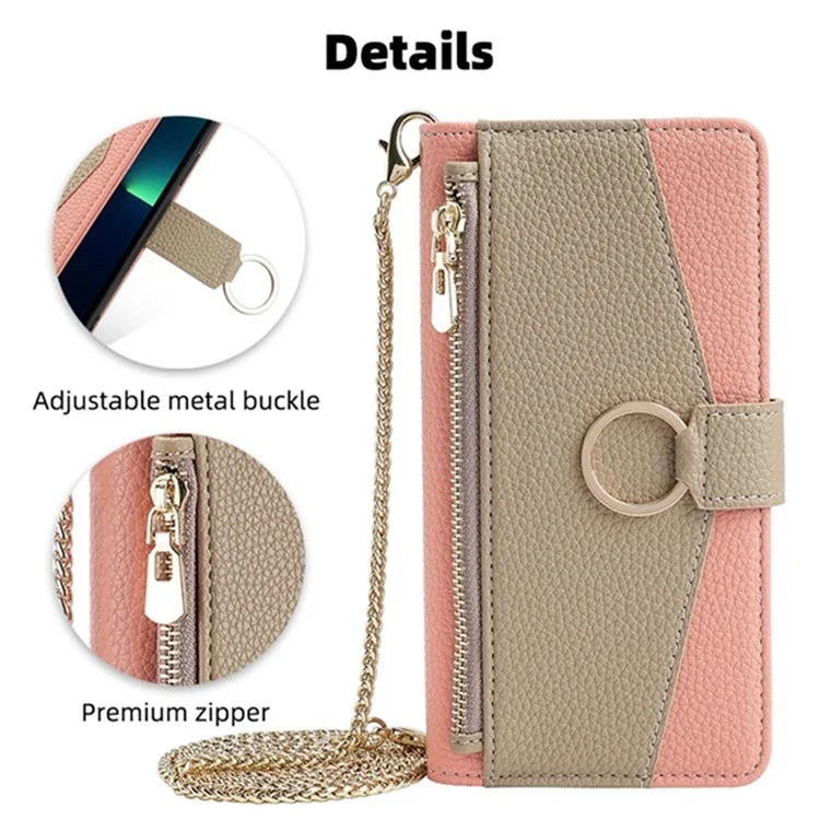 For Samsung Galaxy S25+ Case Mirror Wallet Leather Phone Cover with Chain Shoulder Strap - Pink