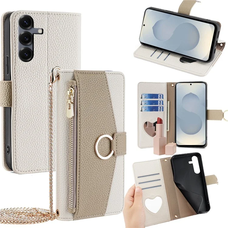 For Samsung Galaxy S25+ Case Mirror Wallet Leather Phone Cover with Chain Shoulder Strap - White