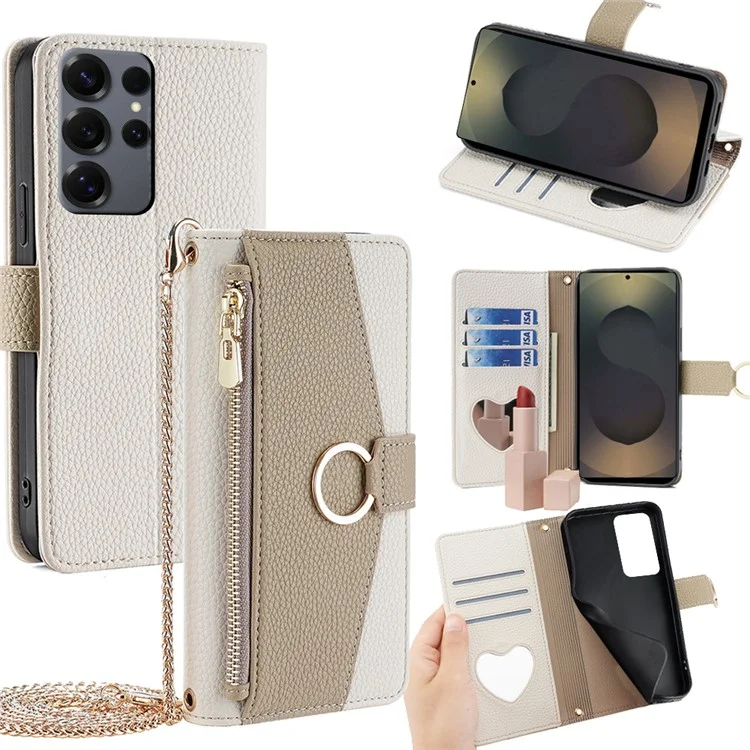 For Samsung Galaxy S25 Ultra Case Mirror Wallet Leather Phone Cover with Chain Shoulder Strap - White