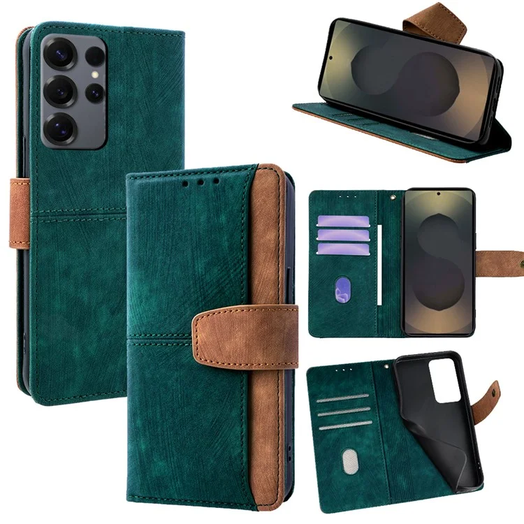 For Samsung Galaxy S25 Ultra Case RFID Blocking Color Splicing PU Leather Wallet Phone Cover - Green