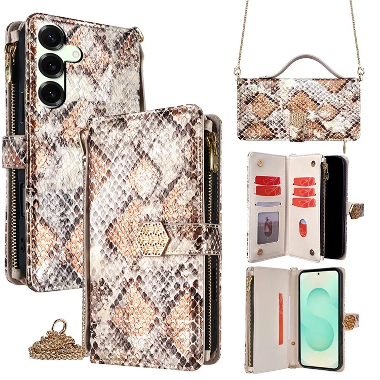 For Samsung Galaxy S25+ Case Snake Skin Texture PU Leather Phone Wallet Cover with Shoulder Strap - White
